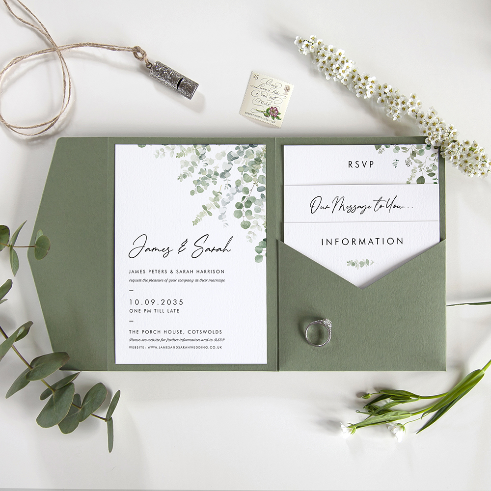 Eucalyptus Custom Pocketfold Wedding Invitations